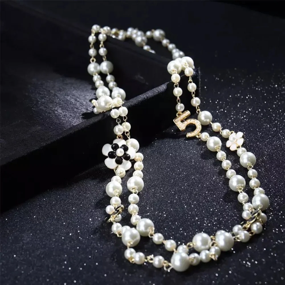 New Pearl Camellia Number5 Flower Double Long Necklace